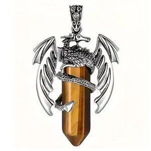 Tiger Eye Natural Gemstone Hexagon Prism Dragon Pendant Necklace Gemstone